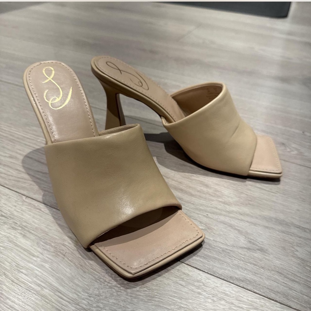 Sam Edelman Cream Nude Tan Carmen Square Toe Mule Leather Sandals